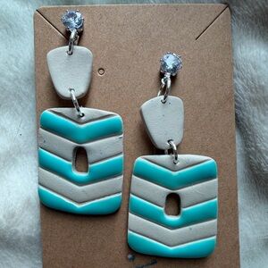 Turquoise and White Chevron Handmade Polymer Clay Earrings